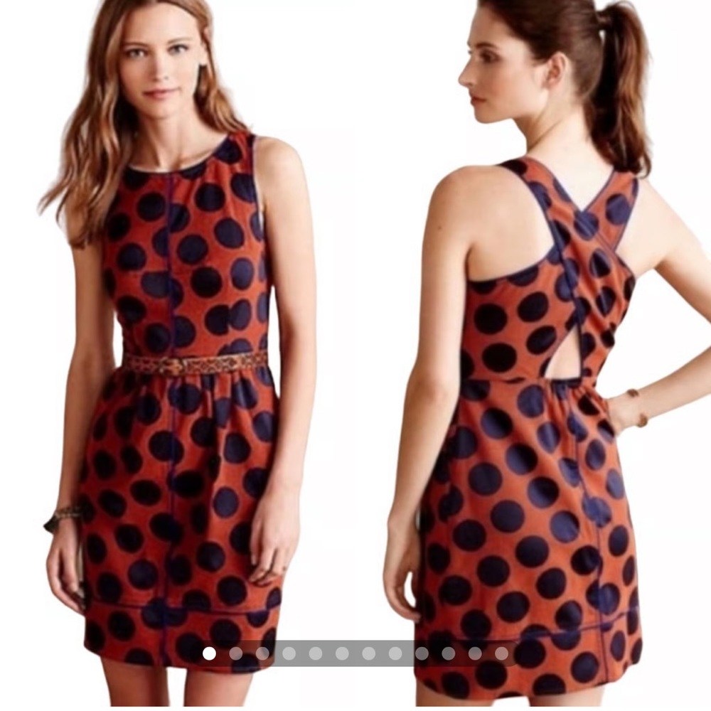 Maeve Anthropologie  Navy and Burnt Orange Polka Dot Sleeveless Dress Size 6